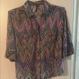 Pink and Blue Graphic Button Down Shirt with Notched Collar